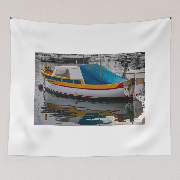 Item preview, Colorful Small Fishing Boat Docked in Harbor With Blue Cover and Water Reflection designed and sold by Nmallia.
