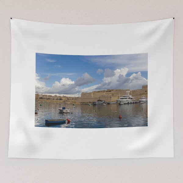 Item preview, Yachts and Small Boats Docked in Historic Harbour Beside Ancient Fort Walls Under Dramatic Sky designed and sold by Nmallia.