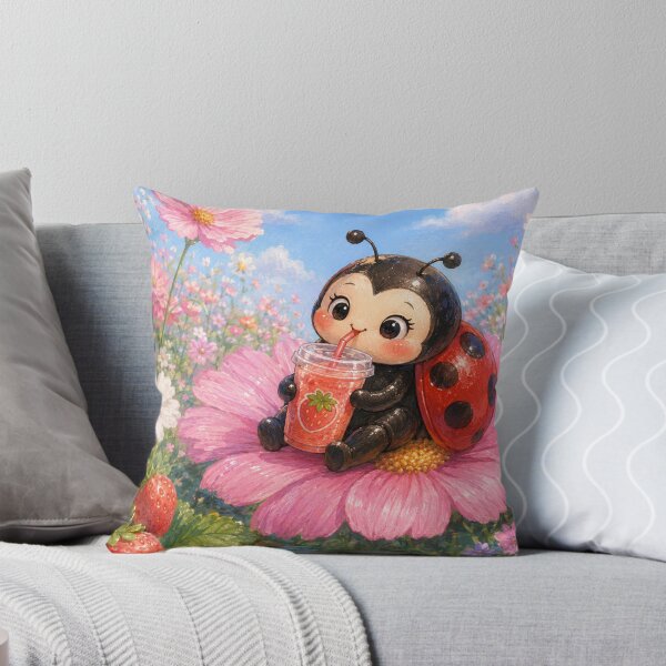 Item preview, Cute Ladybug Drinking Strawberry Juice on a Flower | Kawaii Summer Aesthetic designed and sold by Design by Sara.