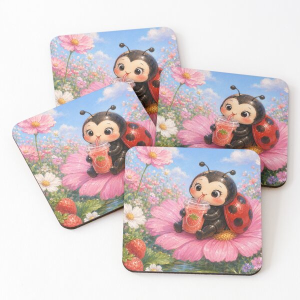 Item preview, Cute Ladybug Drinking Strawberry Juice on a Flower | Kawaii Summer Aesthetic designed and sold by Design by Sara.