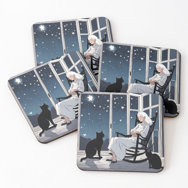 Item preview, Silver Hair Girl in Rocking Chair with Black Cats Moonlit Night designed and sold by UmSkelig834.