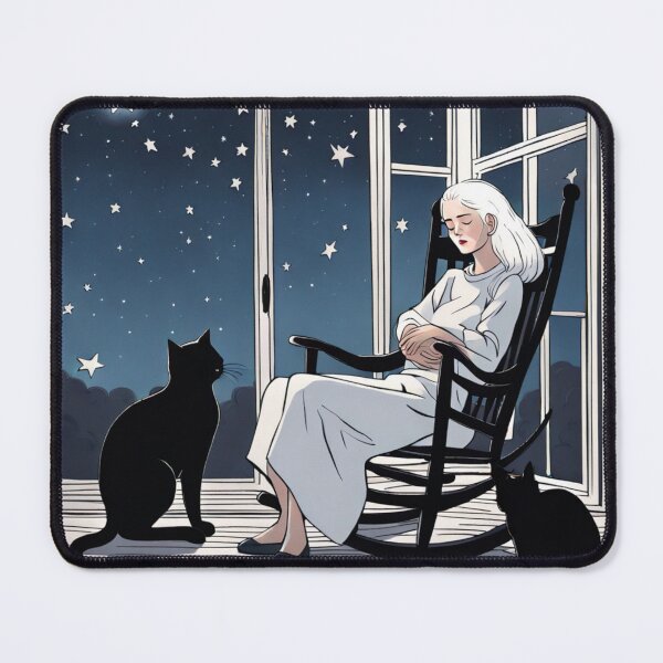 Item preview, Silver Hair Girl in Rocking Chair with Black Cats Moonlit Night designed and sold by UmSkelig834.