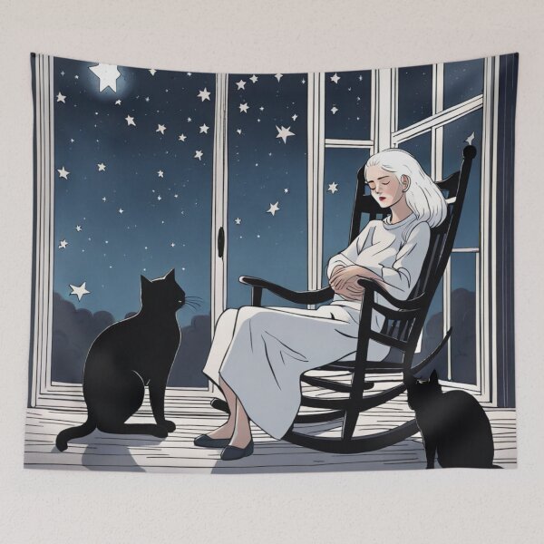 Item preview, Silver Hair Girl in Rocking Chair with Black Cats Moonlit Night designed and sold by UmSkelig834.