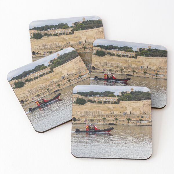 Item preview, Rescue Rigid Inflatable Boat Racing Along Waterfront Near Malta Historic Harbour Fortifications designed and sold by Nmallia.