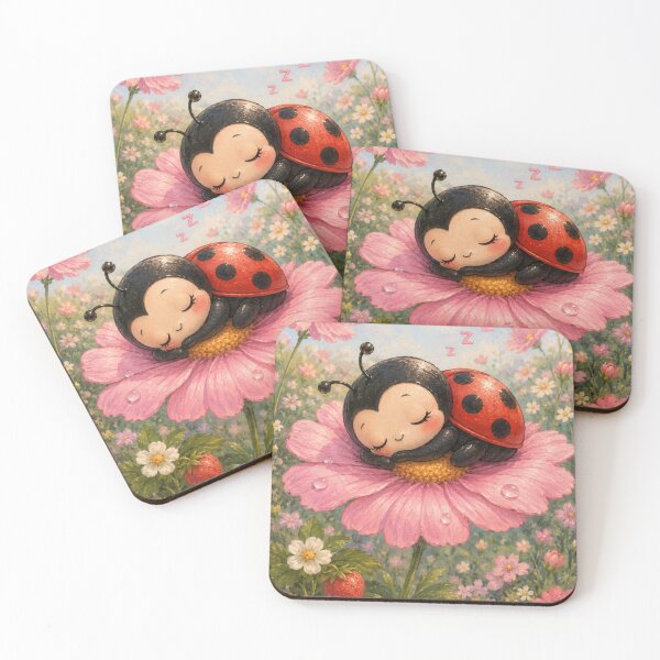 Item preview, Sleepy Ladybug on Pink Flower | Cute Kawaii Strawberry Dreams Aesthetic designed and sold by Design by Sara.