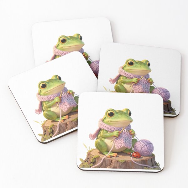 Item preview, Cottagecore Frog Knitting with Ladybug Friend designed and sold by Cozy Chaos Studio Co.