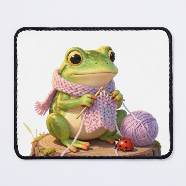 Item preview, Cottagecore Frog Knitting with Ladybug Friend designed and sold by Cozy Chaos Studio Co.