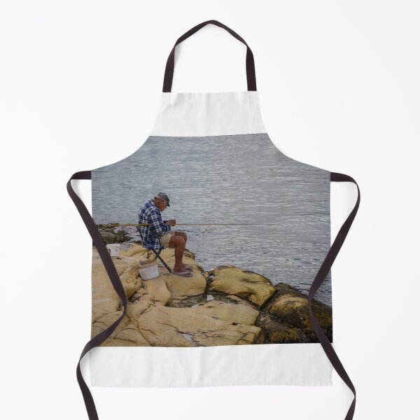 Item preview, Elderly Man Fishing On Rocky Shore With Long Rod And Buckets At Calm Sea designed and sold by Nmallia.