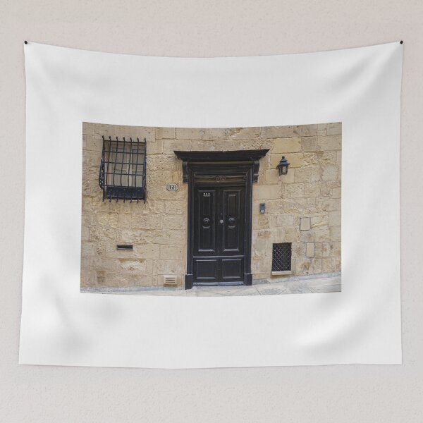 Item preview, Black Wooden Door Set in Weathered Stone Wall With Lantern and Barred Window designed and sold by Nmallia.