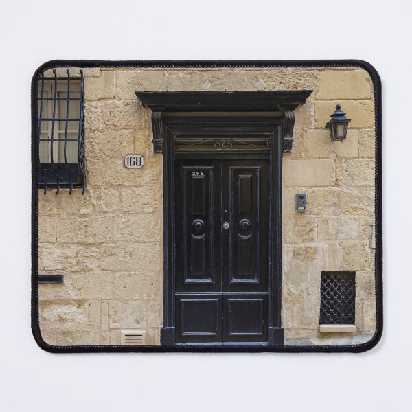 Item preview, Black Wooden Door Set in Weathered Stone Wall With Lantern and Barred Window designed and sold by Nmallia.