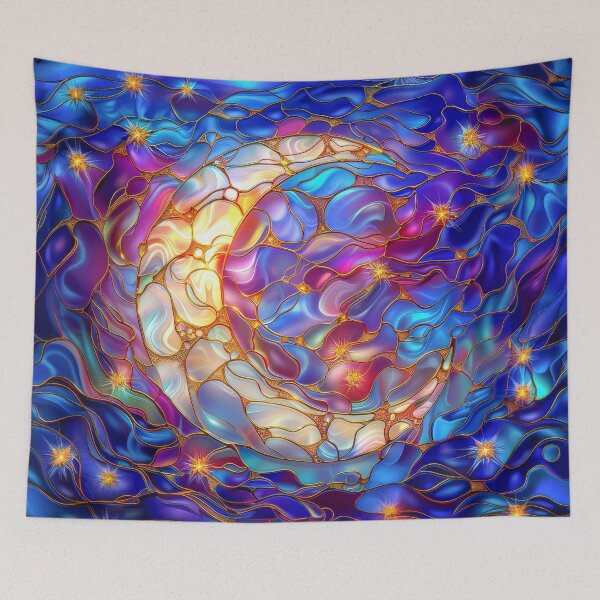 Item preview, Moon and Northern Lights Stained Glass Art | Celestial Night Sky Fantasy designed and sold by MargaretWiktor.