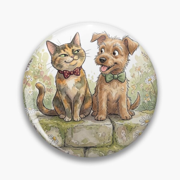 Item preview, Whimsical Cat and Dog Garden Art, Tortoiseshell Cat & Terrier Puppy Watercolor Illustration, Cottagecore Animal Wall Art designed and sold by MS Pod Studio.