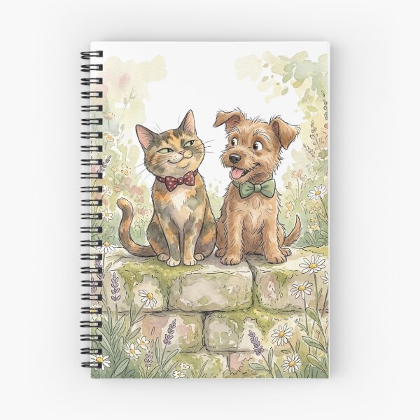 Item preview, Whimsical Cat and Dog Garden Art, Tortoiseshell Cat & Terrier Puppy Watercolor Illustration, Cottagecore Animal Wall Art designed and sold by MS Pod Studio.