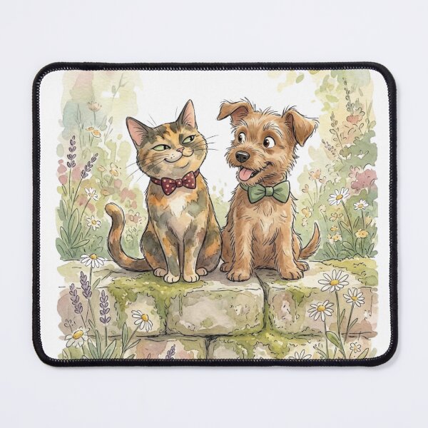 Item preview, Whimsical Cat and Dog Garden Art, Tortoiseshell Cat & Terrier Puppy Watercolor Illustration, Cottagecore Animal Wall Art designed and sold by MS Pod Studio.