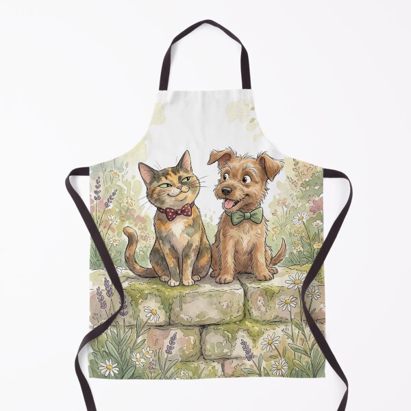 Item preview, Whimsical Cat and Dog Garden Art, Tortoiseshell Cat & Terrier Puppy Watercolor Illustration, Cottagecore Animal Wall Art designed and sold by MS Pod Studio.