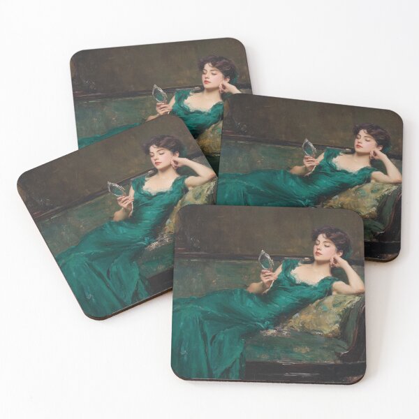 Item preview, Vintage Oil Painting Woman with Mirror Emerald Green Aesthetic designed and sold by MiratiZema.