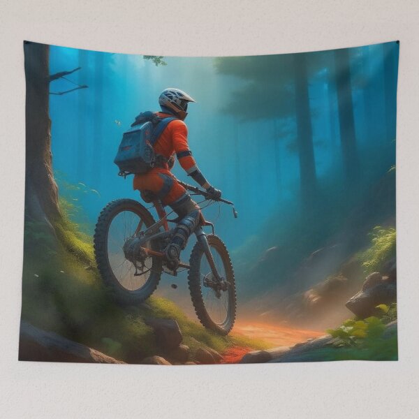 Item preview, Mountain Biker Riding Through Misty Blue Forest Digital Painting designed and sold by UmSkelig834.