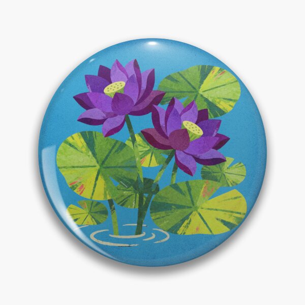Item preview, Lotus Flower Retro Illustration — Purple Lotus & Lily Pads on Blue designed and sold by bloom&trowel.