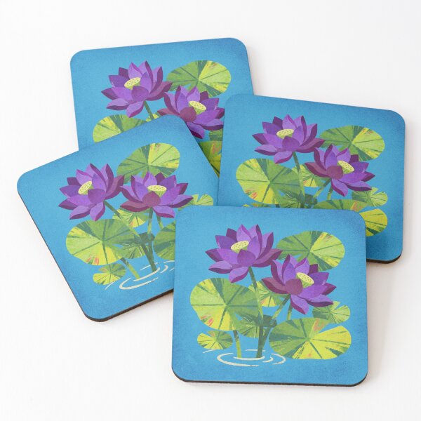 Item preview, Lotus Flower Retro Illustration — Purple Lotus & Lily Pads on Blue designed and sold by bloom&trowel.