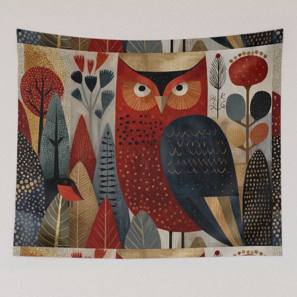 Item preview, Scandinavian Folk Art Woodland Animals Pattern | Nordic Forest Owl | Rustic Boho Nature Collage | Mid Century Modern Wall Art designed and sold by Babylone Art Design.