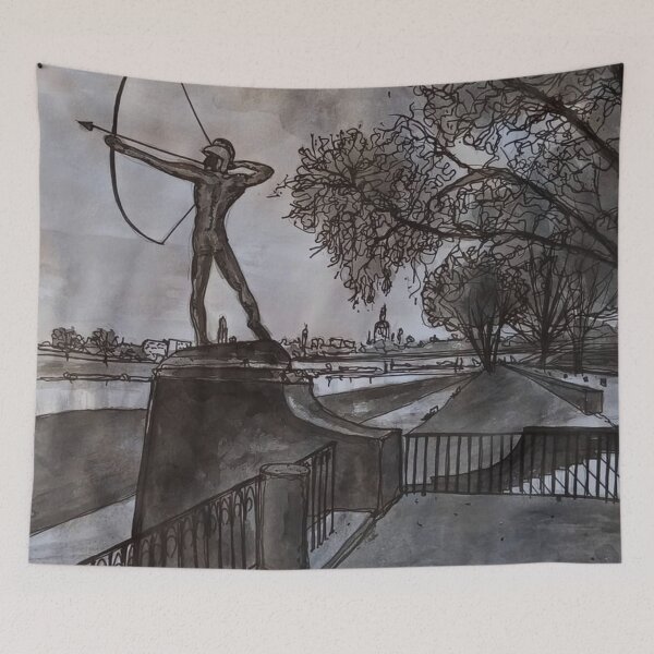 Item preview, Archer on the Elbe – Dresden Neustadt Ink Drawing designed and sold by UMA Urban Sketch.
