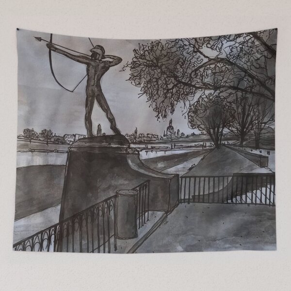 Item preview, Archer on the Elbe – Dresden Neustadt Ink Drawing II designed and sold by UMA Urban Sketch.