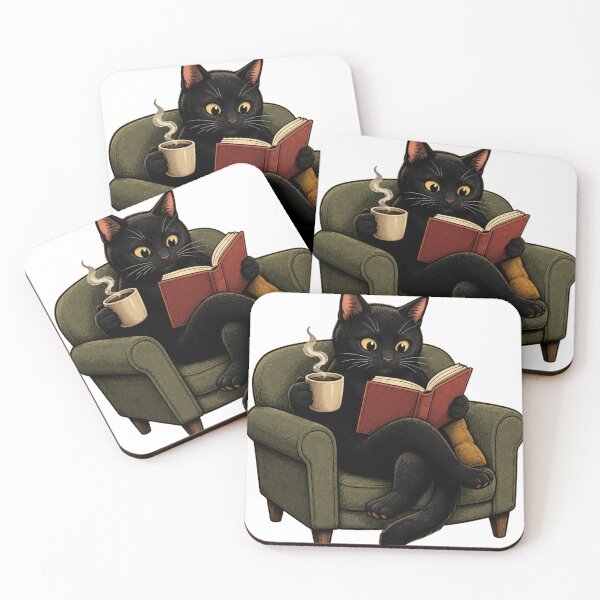 Item preview, Black Cat Reading a Book and Drinking Coffee designed and sold by MySthore.