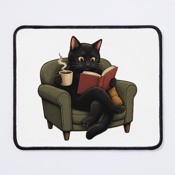 Item preview, Black Cat Reading a Book and Drinking Coffee designed and sold by Mysthor-Designs.