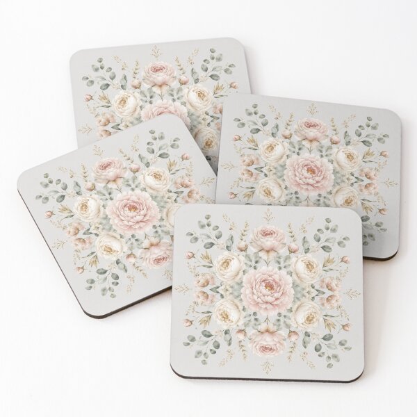 Item preview, Elegant Symmetrical Watercolor Peony Floral Art on Light Grey Background designed and sold by Kate1art.