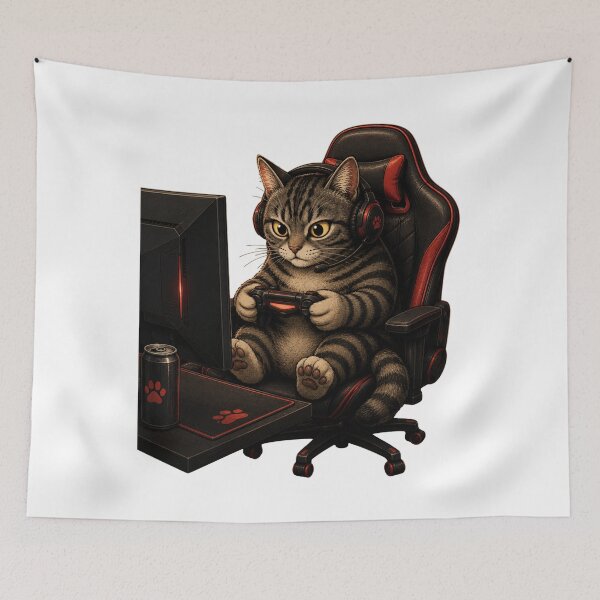 Artikelvorschau, Gaming-Katze im Gaming-Stuhl entworfen und verkauft von Mysthor-Designs.