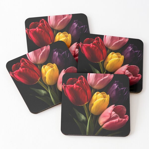 Item preview, Vibrant Colorful Tulips Floral Bouquet Dark Background designed and sold by bellaever.
