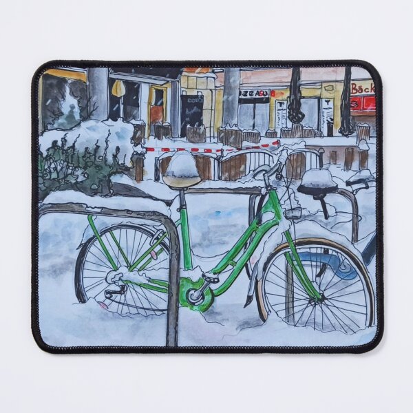 Item preview, Green bicycle in the snow at Albertplatz – Dresden Urban Sketch designed and sold by UMA Urban Sketch.