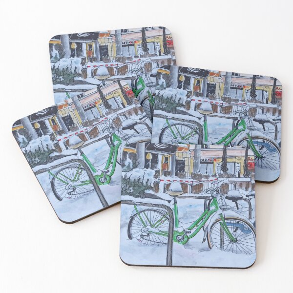 Item preview, Green bicycle in the snow at Albertplatz – Dresden Urban Sketch designed and sold by UMA Urban Sketch.