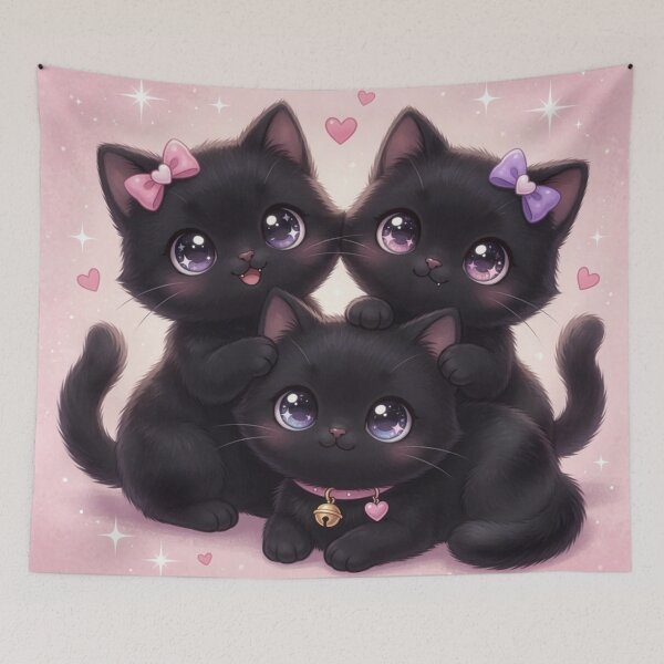 Item preview, Three Cuddling Black Kittens with Bows on Pink Background designed and sold by Pioneer Spirit Market.