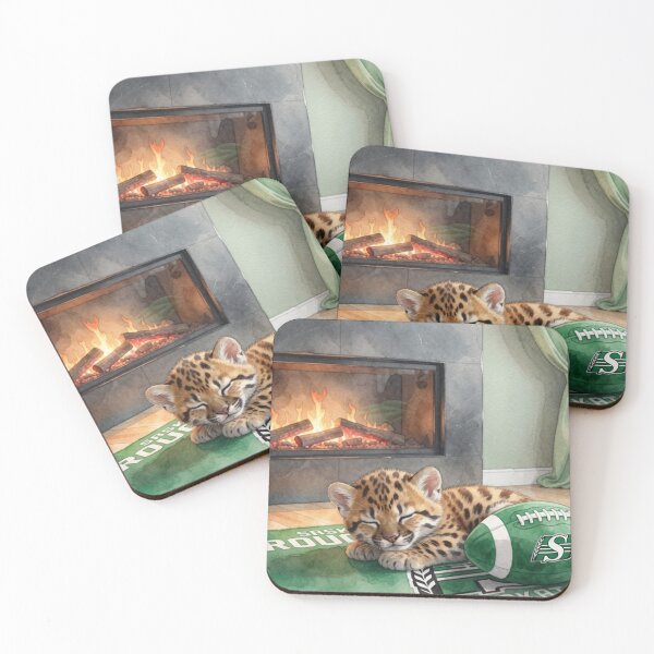 Item preview, Baby Leopard Kitten Sleeping on Saskatchewan Roughriders Rug designed and sold by Pioneer Spirit Market.