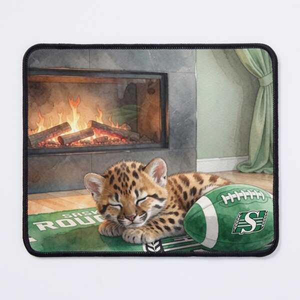 Item preview, Baby Leopard Kitten Sleeping on Saskatchewan Roughriders Rug designed and sold by Pioneer Spirit Market.