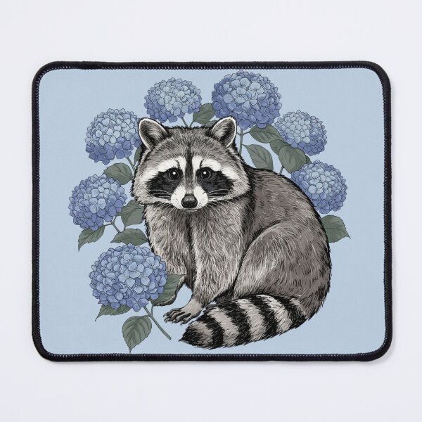 Item preview, Vintage Raccoon Among Blue Hydrangea Blooms Nature Wildlife Art designed and sold by BirdsnStuff.