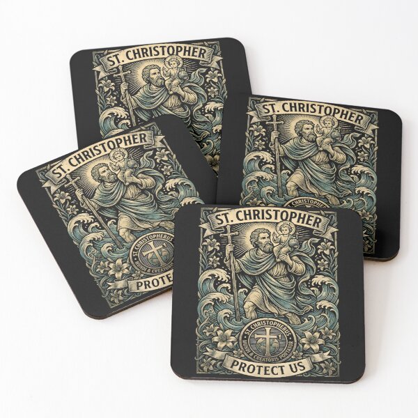 Item preview, St Christopher Protect Us Vintage Woodcut Art designed and sold by LumenWear | Modern Catholic Apparel & Christian Gifts.