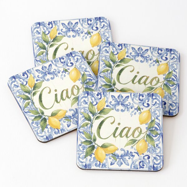 Item preview, Ciao – Italian Calligraphy with Lemons on Mediterranean Blue Tile designed and sold by EmeraldeaArt.
