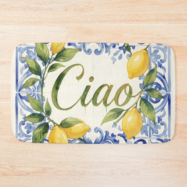 Item preview, Ciao – Italian Calligraphy with Lemons on Mediterranean Blue Tile designed and sold by EmeraldeaArt.