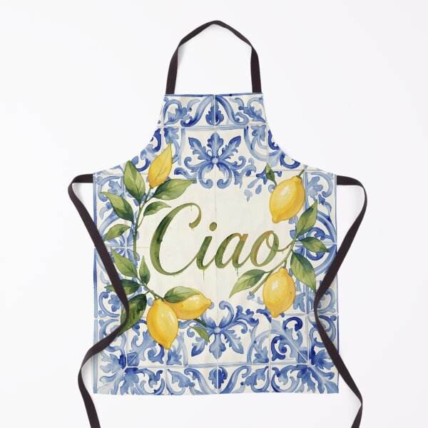 Item preview, Ciao – Italian Calligraphy with Lemons on Mediterranean Blue Tile designed and sold by EmeraldeaArt.