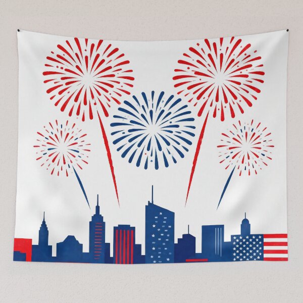Item preview, Fourth of July Fireworks City Skyline Art Print designed and sold by KooksStudio.