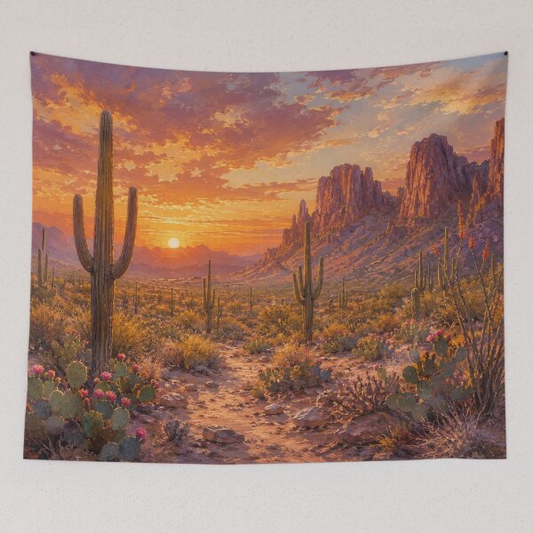 Item preview, Sunset in the Canyon Oil Painting Cacti and Saguaros designed and sold by JonelleTshirts.
