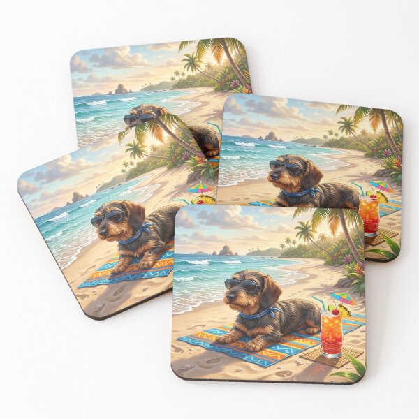 Item preview, A wire-haired dachshund is relaxing on the beach designed and sold by AnnaBellrose.