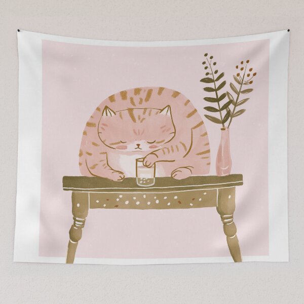 Item preview, Cute Lazy Cat with Water Glass, Blush Pink Aesthetic Art designed and sold by Liana-666.