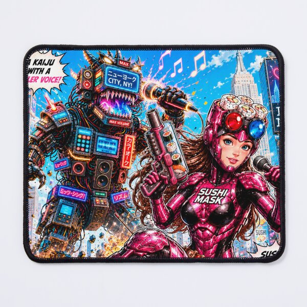 Item preview, SUSHI MASK WOMAN NEO: Karaoke Kaiju Attack - Retro 90s Cyberpunk Action Movie Poster designed and sold by Japan Cyberpunk Universe & Surreal Characters.