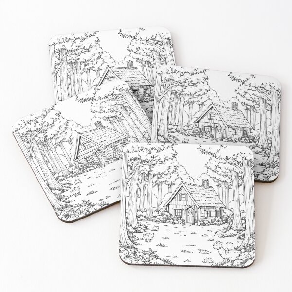 Item preview, Enchanted Forest Cottage Line Art – Cozy Woodland Cabin with Animals | Whimsical Nature Illustration designed and sold by PixPixari.