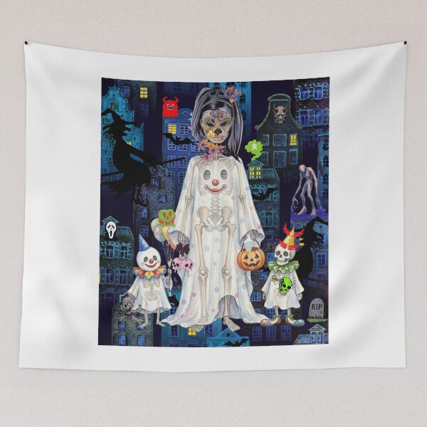 Item preview, Spooky Halloween Night Creepy Skeleton Clowns and Sugar Skull Witch Illustration designed and sold by VibranPalette.
