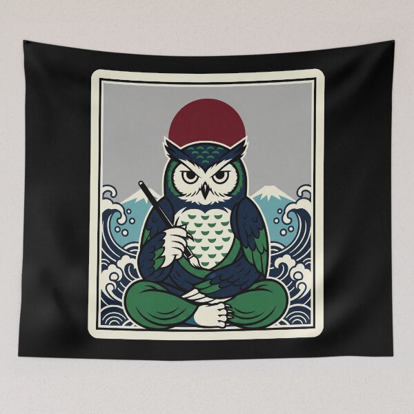 Item preview, Meditating Owl Illustration with Ocean Waves and Mountain Scenery designed and sold by JordynLadukeg65.