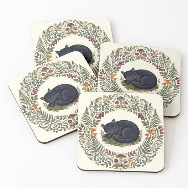 Item preview, Sleepy Black Cat Floral Wreath designed and sold by ASTRAL ART LAB.
